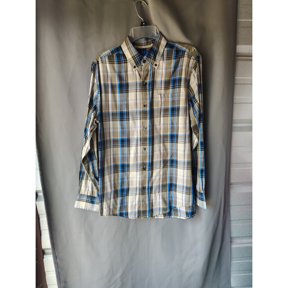 Saddlebred Mens Blue Tan Plaid Wrinkle Free Button Down Shirt Small Long Sleeve
